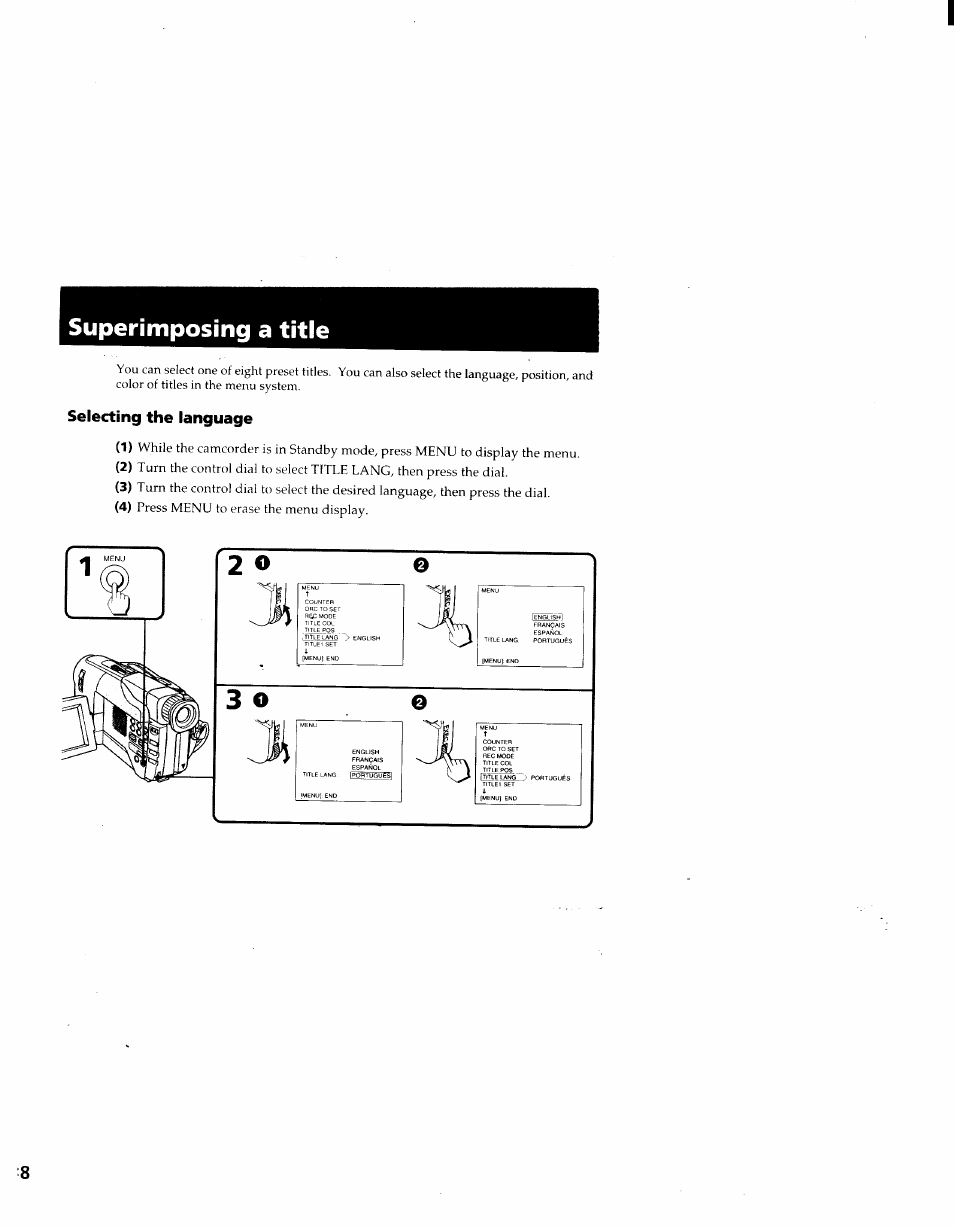 Superimposing a title, Selecting the language, 2 o 3 o | Sony CCD-TRV41 User Manual | Page 38 / 86