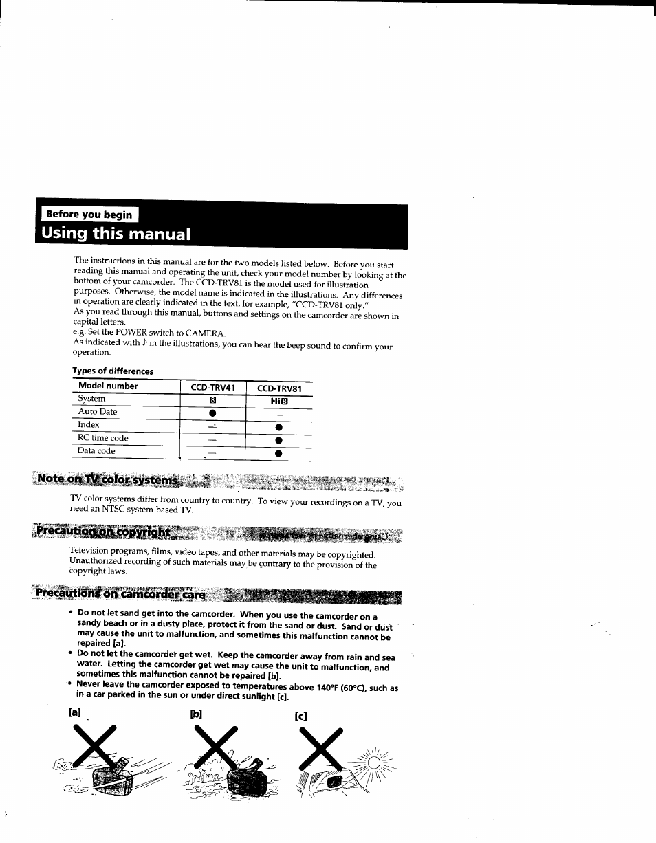 Using this manual, Còtókséèfsiittl | Sony CCD-TRV41 User Manual | Page 4 / 86