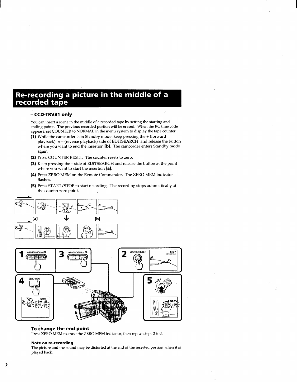 Ccd-trv81 only, To change the end point, Note on re-recording | Sony CCD-TRV41 User Manual | Page 44 / 86