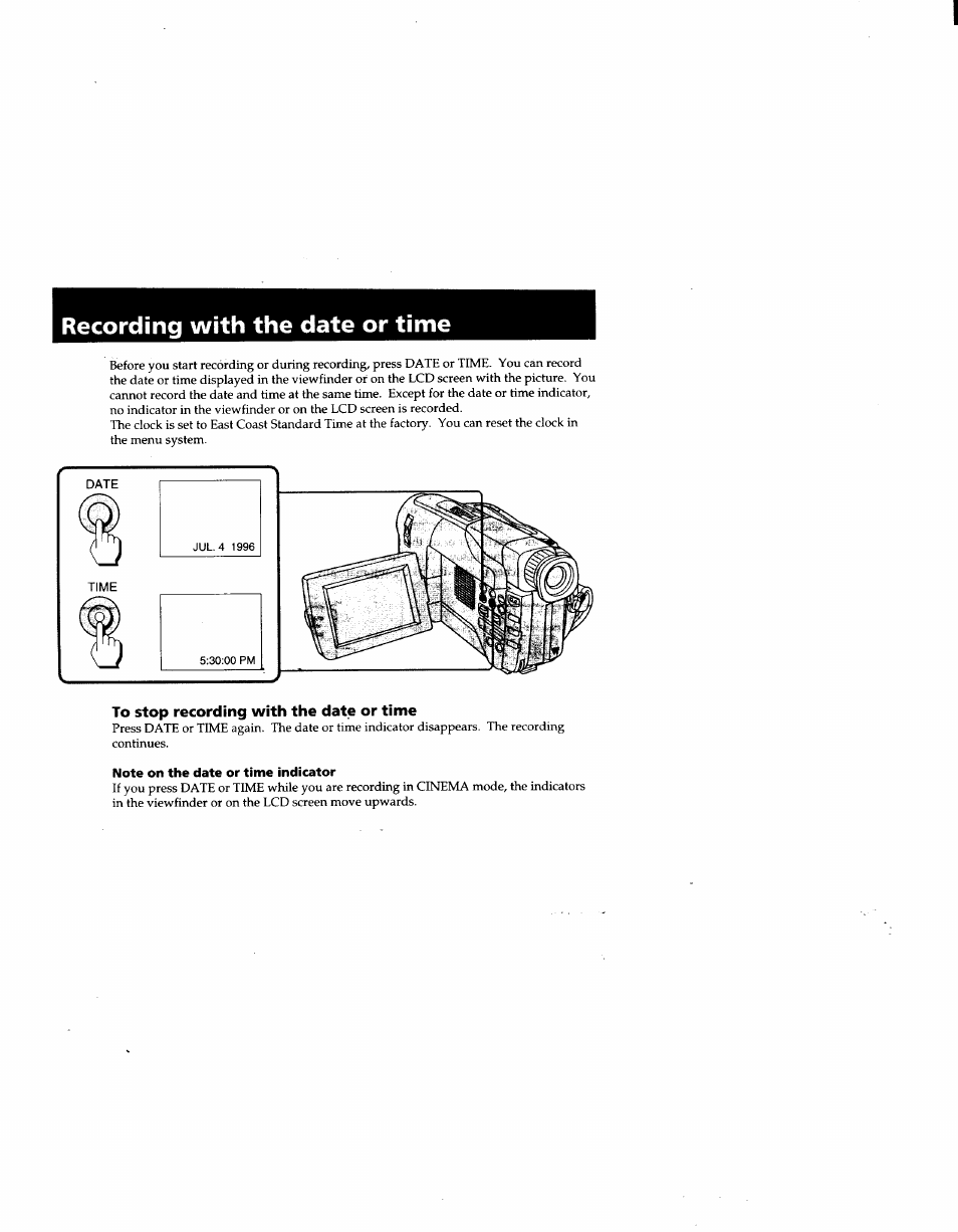 Recording with the date or time, To stop recording with the date or time, Note on the date or time indicator | Sony CCD-TRV41 User Manual | Page 45 / 86