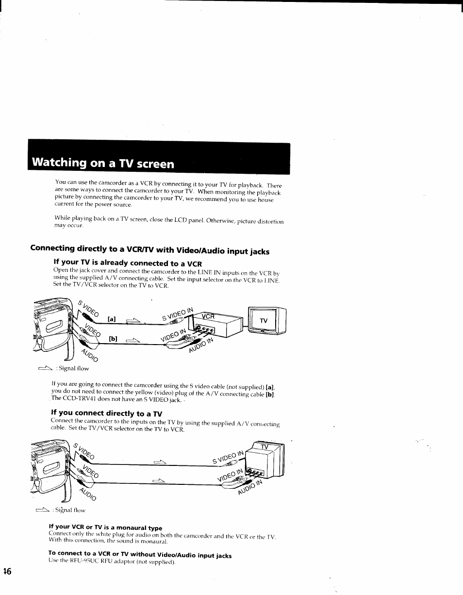 Watching on a tv screen, If you connect directly to a tv, If your vcr or tv is a monaural type | Sony CCD-TRV41 User Manual | Page 48 / 86