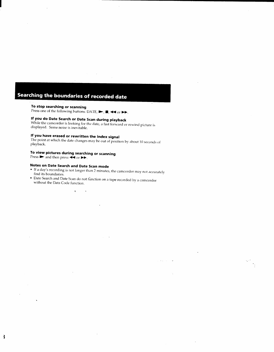 To stop searching or scanning, If you do date search or date scan during playback, If you have erased or rewritten the index signal | To view pictures during searching or scanning, Notes on date search and date scan mode | Sony CCD-TRV41 User Manual | Page 50 / 86