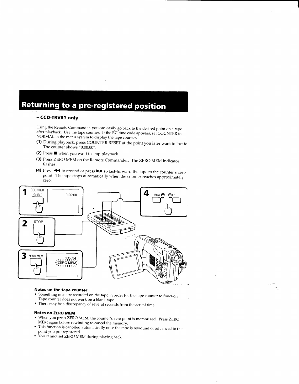 Returning to a pre-registered position, Ccd-trv81 only, Notes on the tape counter | Notes on zero mem, Ccd-trv81 only) | Sony CCD-TRV41 User Manual | Page 51 / 86