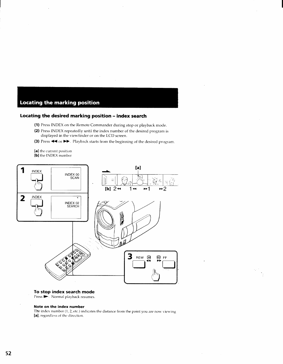 To stop index search mode, Note on the index number, Locating the marking position | Sony CCD-TRV41 User Manual | Page 54 / 86