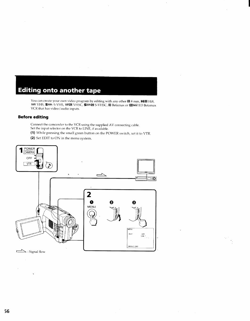 Editing onto another tape, Before edging | Sony CCD-TRV41 User Manual | Page 58 / 86