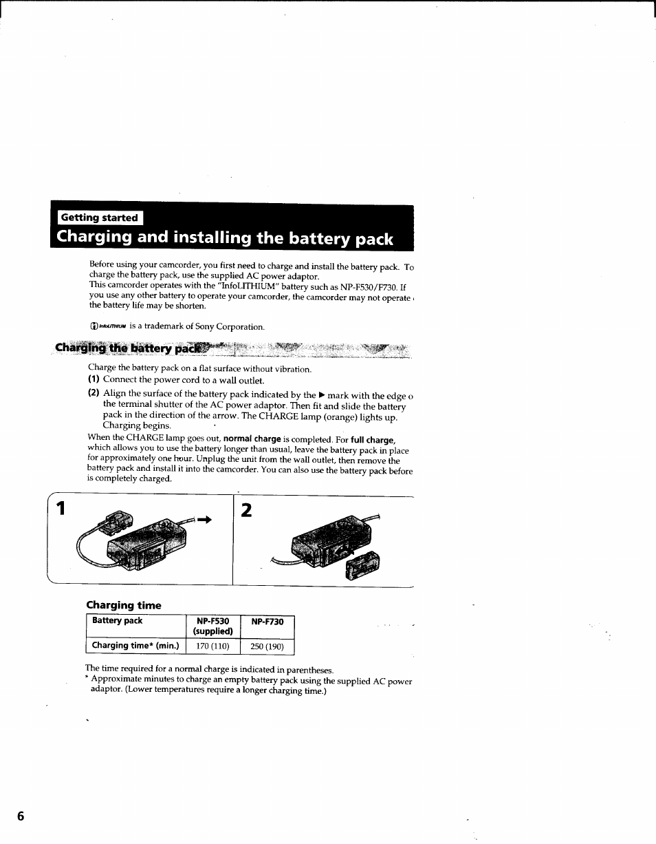 Getting started, Charging and installing the battery pack, Char^ihg thé battery | Charging time | Sony CCD-TRV41 User Manual | Page 6 / 86