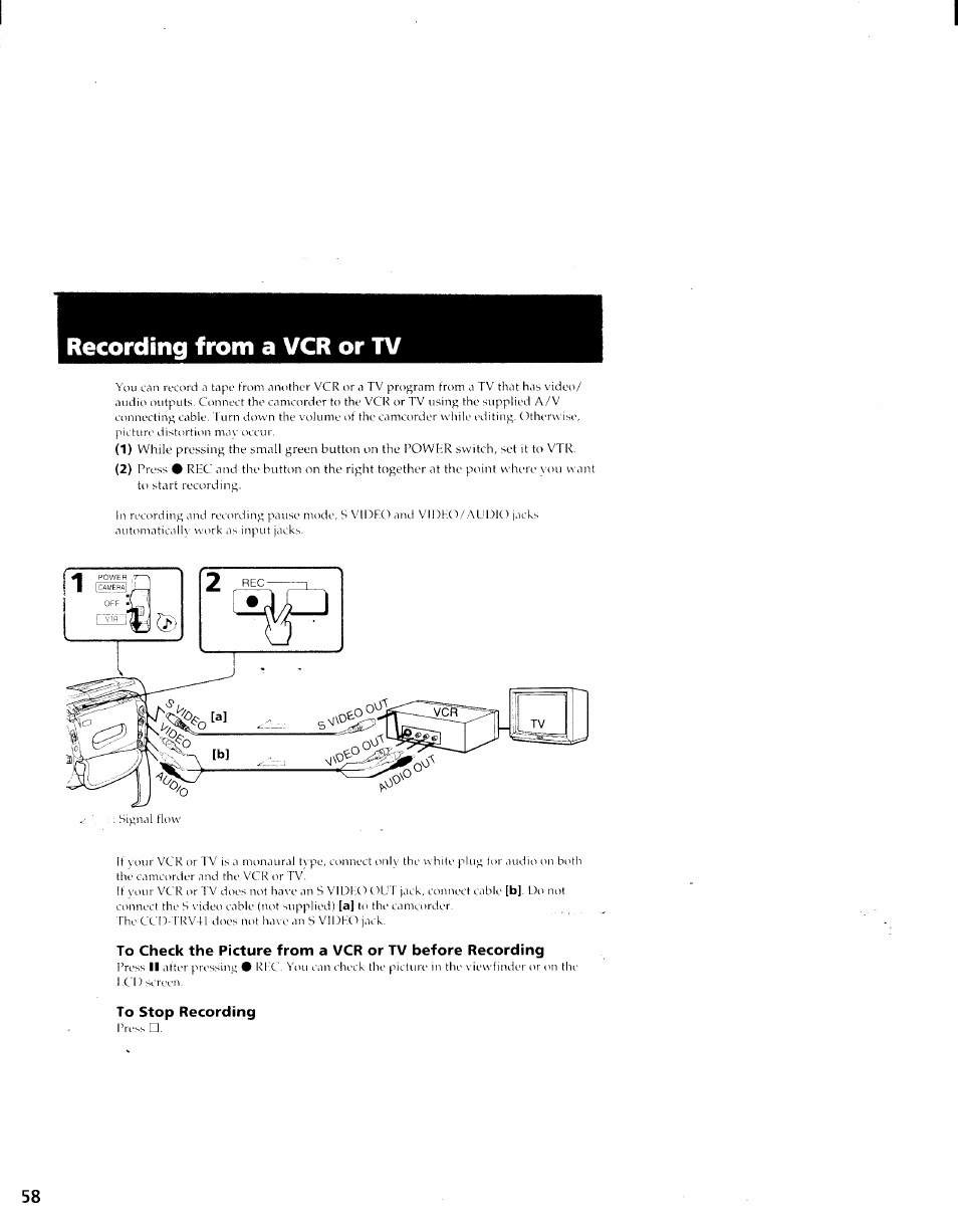 Recording from a vcr or tv, To stop recording | Sony CCD-TRV41 User Manual | Page 60 / 86