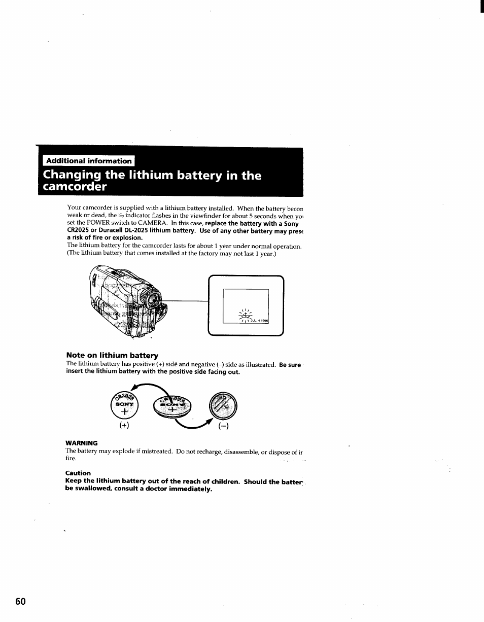 Changing the lithium battery in the camcorder, Note on lithium battery, Warning | Caution | Sony CCD-TRV41 User Manual | Page 62 / 86