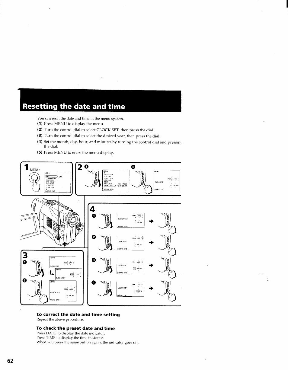 Resetting the date and time, To correct the date and time setting, To check the preset date and time | Sony CCD-TRV41 User Manual | Page 64 / 86