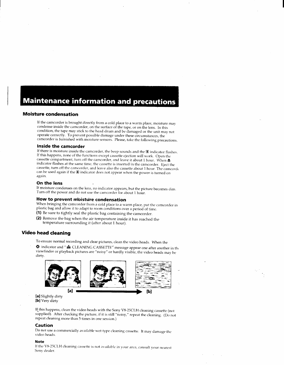 Maintenance information and precautions, Moisture condensation, Inside the camcorder | On the lens, How to prevent m'oistiire condensation, Video head cleaning, Caution, Note | Sony CCD-TRV41 User Manual | Page 69 / 86