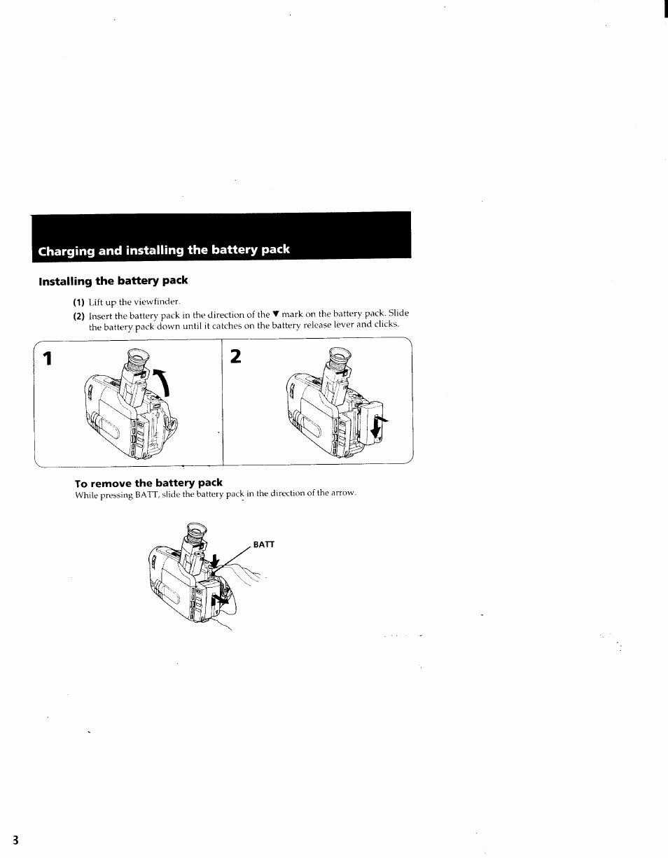 Installing the battery pack, Charging and installing the battery pack | Sony CCD-TRV41 User Manual | Page 8 / 86