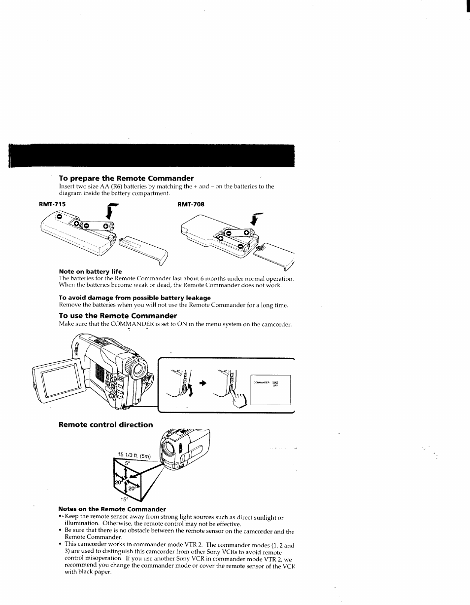 To prepare the remote commander, Rmt-708, Note on battery life | To avoid damage from possible battery leakage, To use the remote commander, Remote control direction, Notes on the remote commander | Sony CCD-TRV41 User Manual | Page 83 / 86