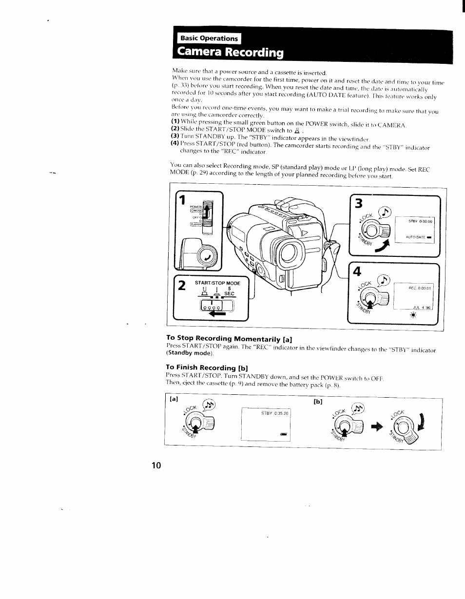To stop recording momentarily [a, To finish recording [b, Camera recording | Sony CCD-TR98 User Manual | Page 10 / 54