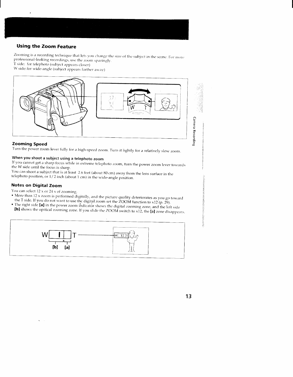 Using the zoom feature, Zooming speed, Notes on digital zoom | Sony CCD-TR98 User Manual | Page 13 / 54