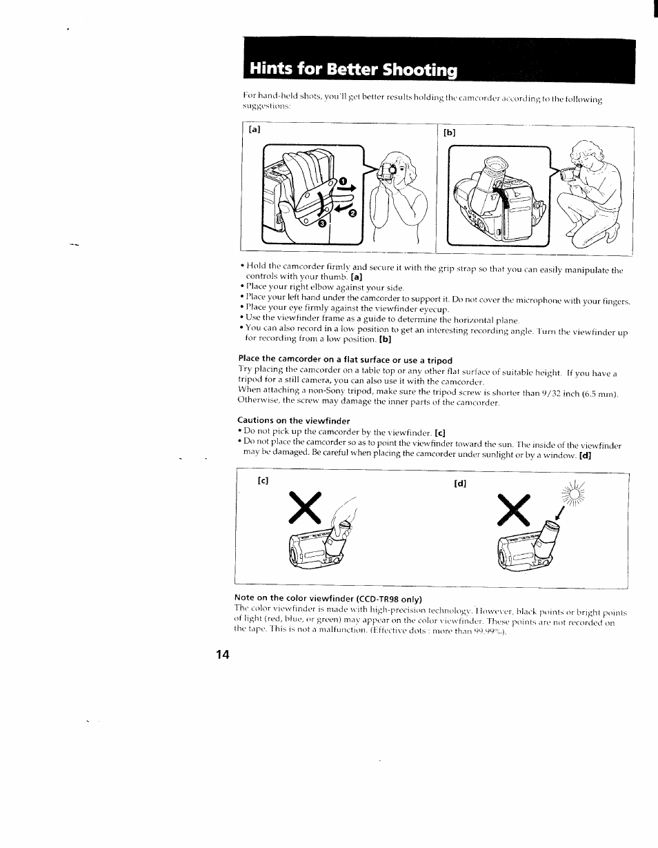 Hints for better shooting | Sony CCD-TR98 User Manual | Page 14 / 54