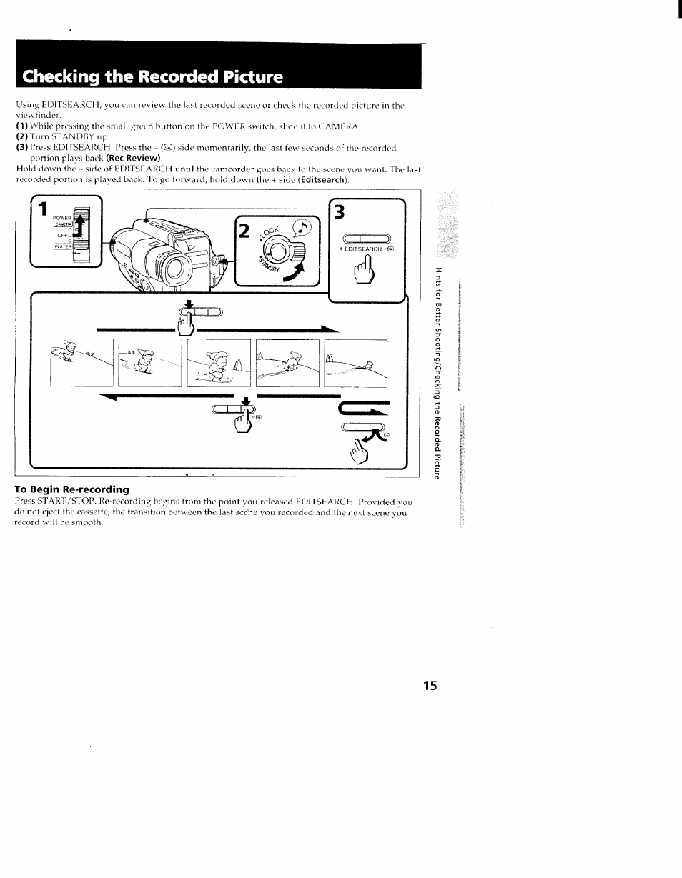 To begin re-recording, Checking the recorded picture | Sony CCD-TR98 User Manual | Page 15 / 54