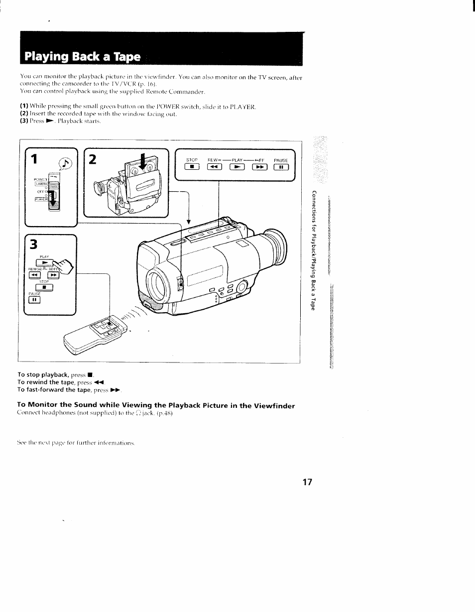 Playing back a tape | Sony CCD-TR98 User Manual | Page 17 / 54