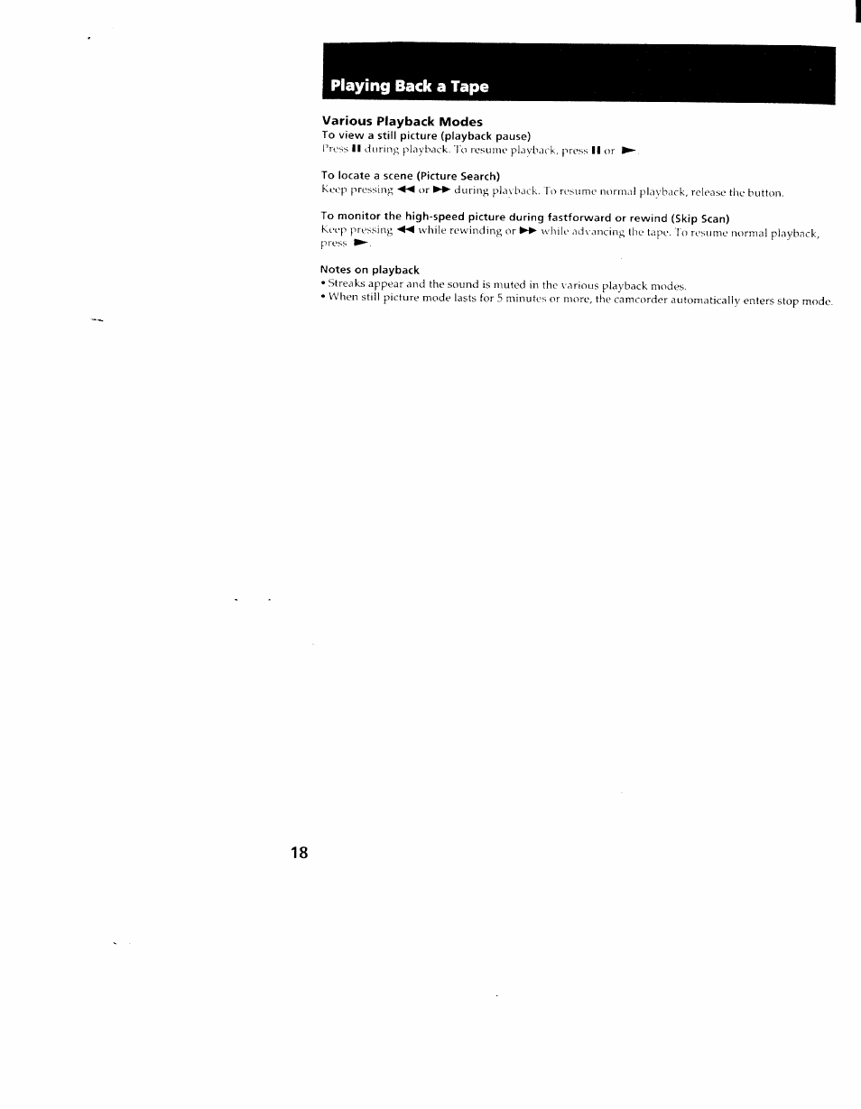Various playback modes, Playing back a tape | Sony CCD-TR98 User Manual | Page 18 / 54