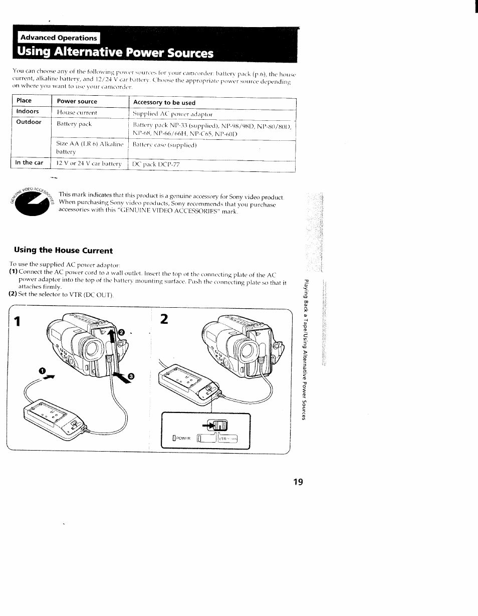 Using the house current, Using alternative power sources | Sony CCD-TR98 User Manual | Page 19 / 54