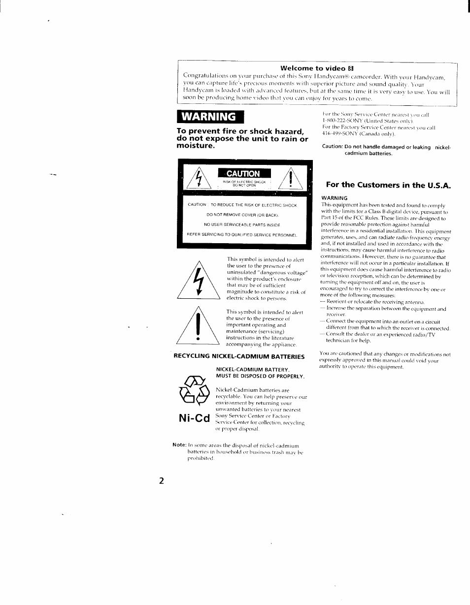 Welcome to video [0, Caution, Recycling nickel-cadmium batteries | For the customers m the u.s.a, Warning, Ni-cd | Sony CCD-TR98 User Manual | Page 2 / 54