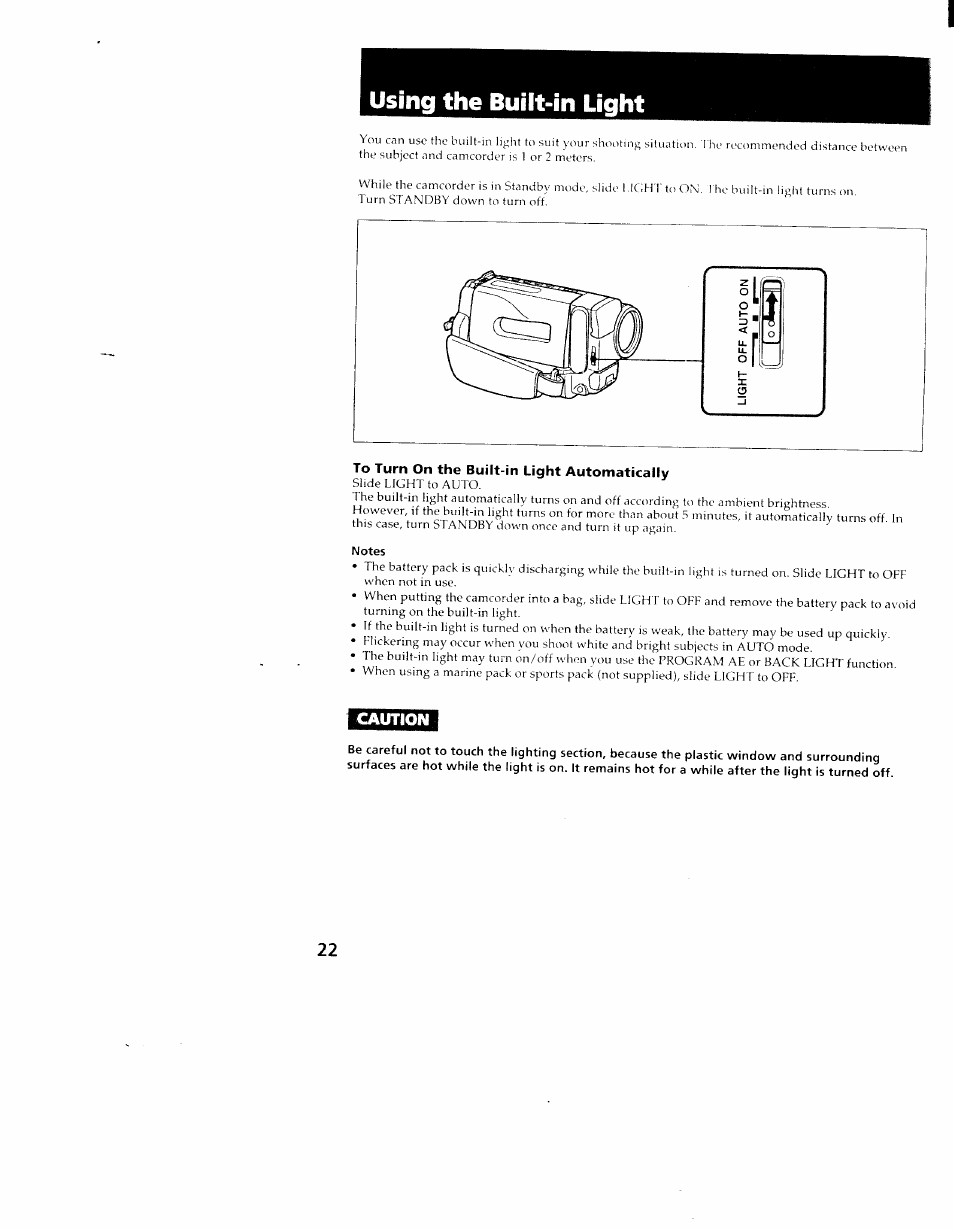 To turn on the built-in light automatically, Caution, Using the built-in light | Sony CCD-TR98 User Manual | Page 22 / 54