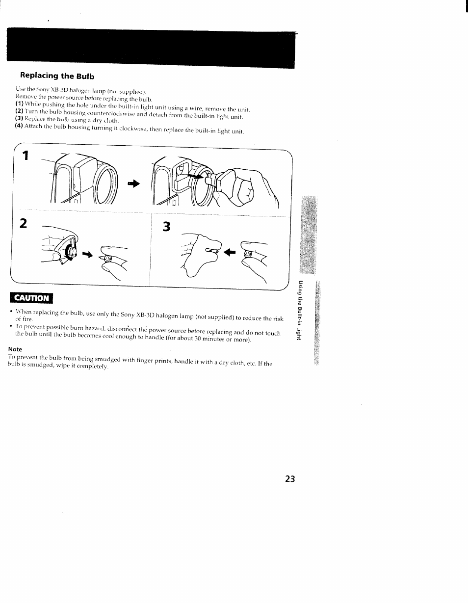 Replacing the bulb, Caution | Sony CCD-TR98 User Manual | Page 23 / 54
