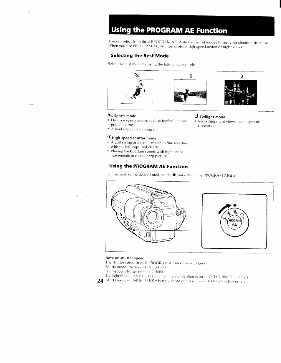 Using the program ae function, Selecting the best mode | Sony CCD-TR98 User Manual | Page 24 / 54
