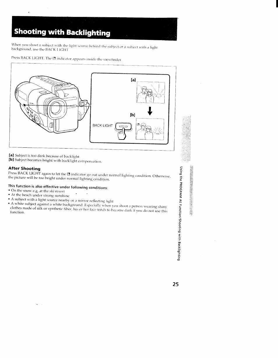 After shooting, Shooting with backlighting | Sony CCD-TR98 User Manual | Page 25 / 54