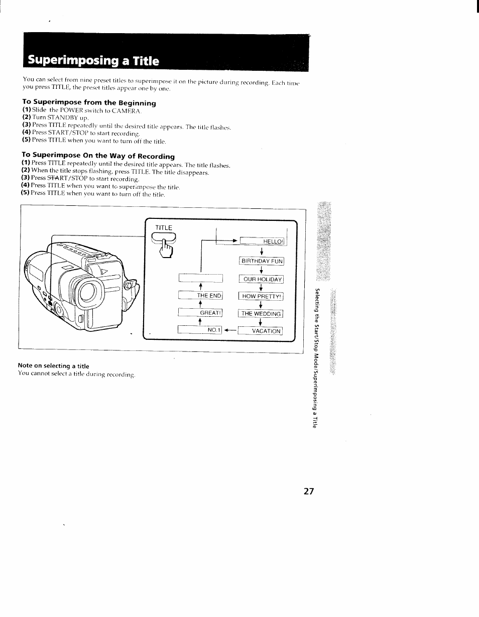 To superimpose from the beginning, To superimpose on the way of recording, Note on selecting a title | Superimposing a title | Sony CCD-TR98 User Manual | Page 27 / 54