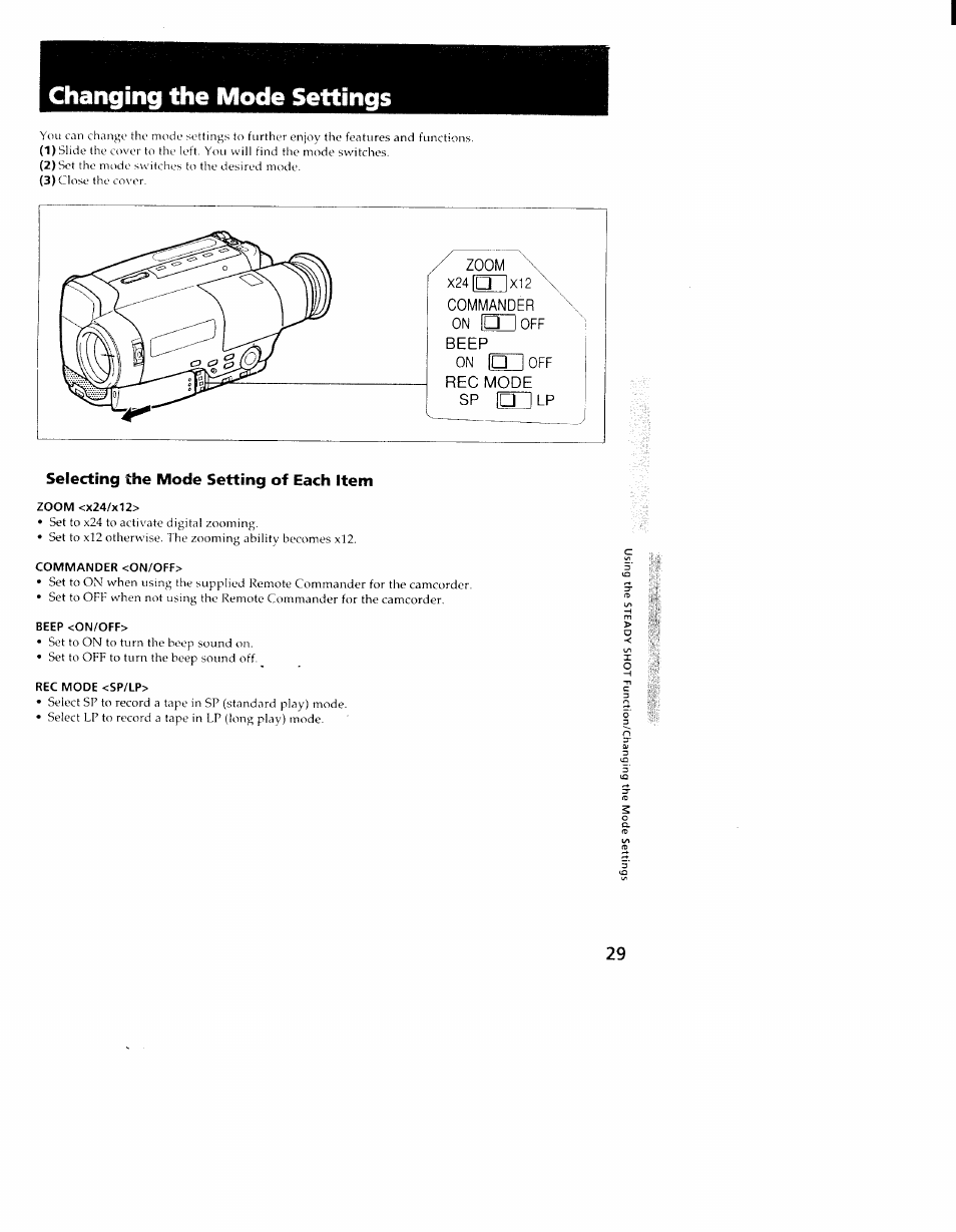Selecting the mode setting of each item, Zoom <x24/x12, Commander <on/off | Beep <on/off, Rec mode <sp/lp, Changing the mode settings | Sony CCD-TR98 User Manual | Page 29 / 54
