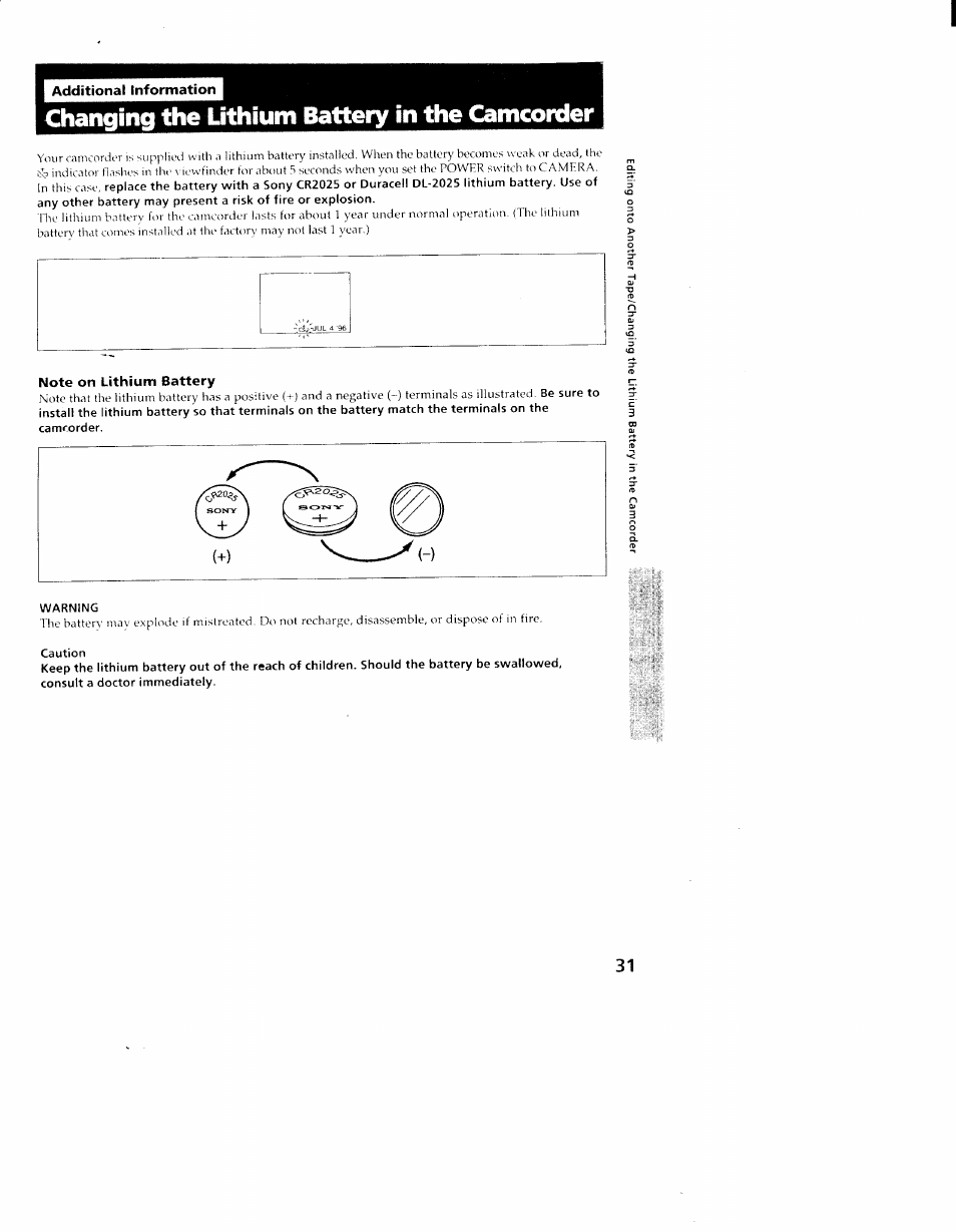 Additional information, Note on lithium battery, Changing the lithium battery in the camcorder | Sony CCD-TR98 User Manual | Page 31 / 54
