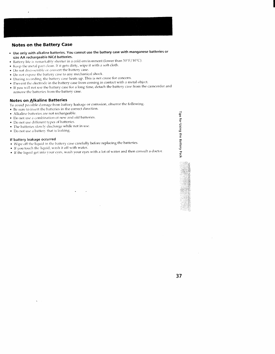 Notes on the battery case, Notes ont^lkaline batteries | Sony CCD-TR98 User Manual | Page 37 / 54