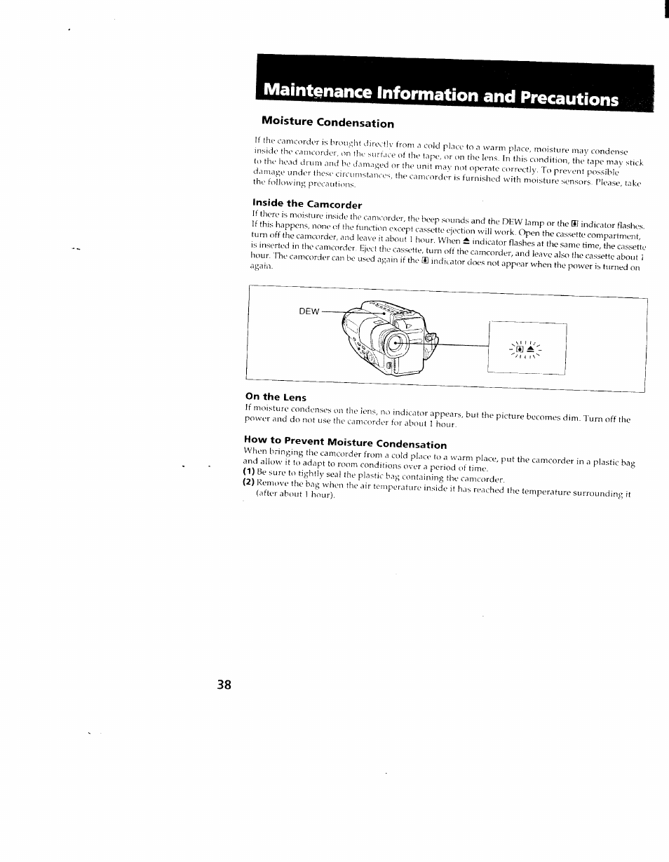 Moisture condensation, Inside the camcorder, On the lens | How to prevent moisture condensation, Maintenance information and precautions | Sony CCD-TR98 User Manual | Page 38 / 54