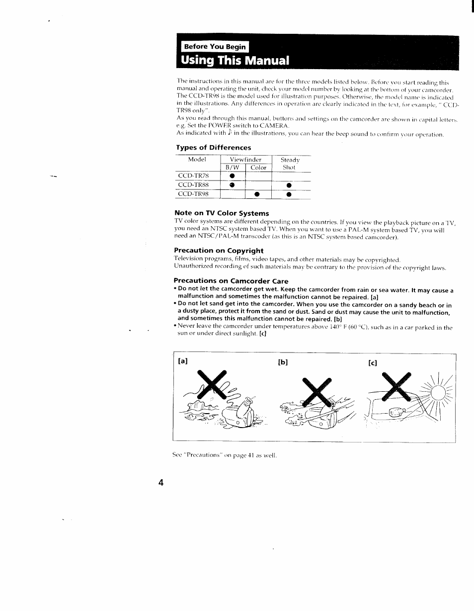 Types of differences, Note on tv color systems, Precaution on copyright | Precautions on camcorder care, Using this manual | Sony CCD-TR98 User Manual | Page 4 / 54