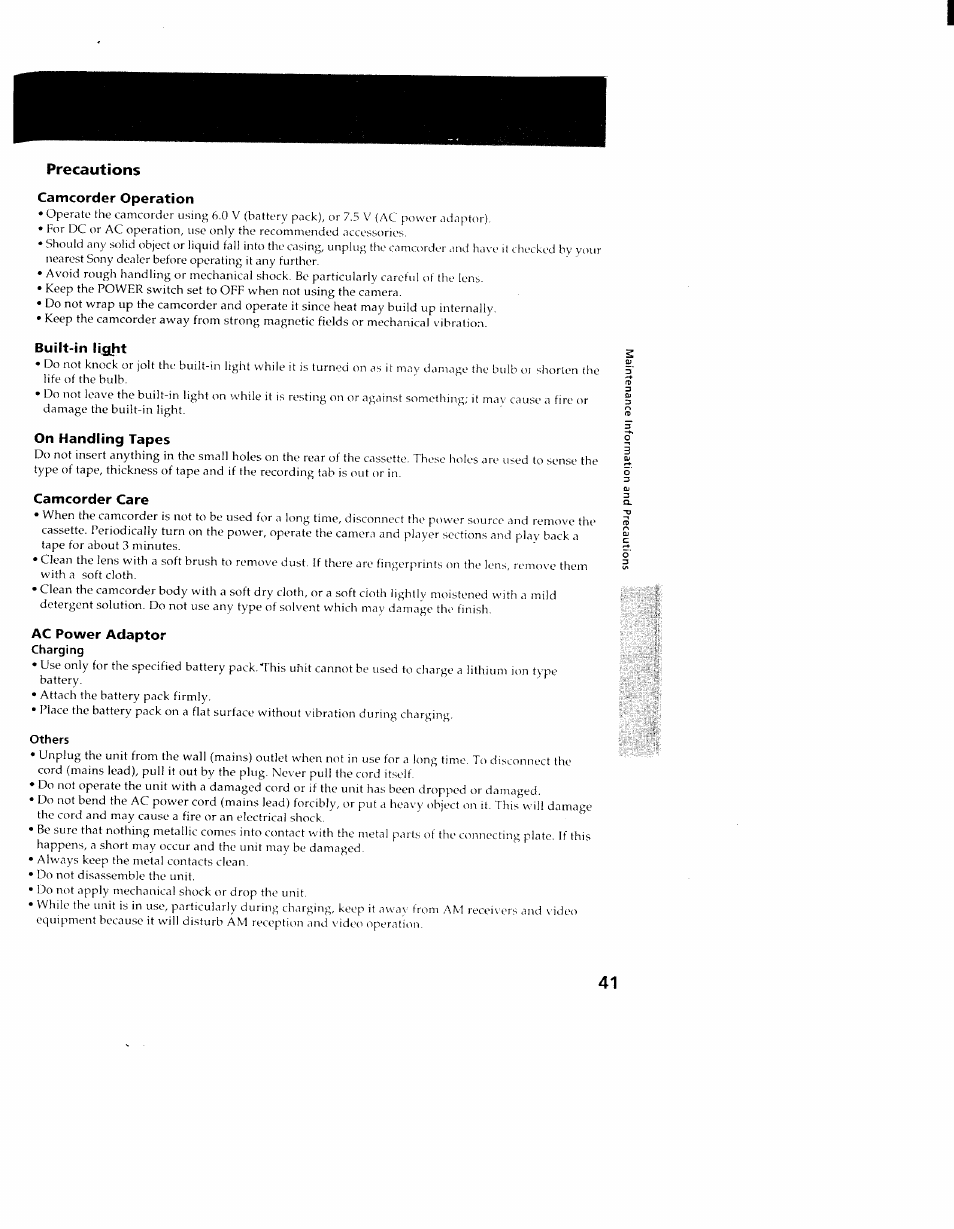 Precautions, Camcorder operation, Built-in li^ht | On handling tapes, Camcorder care, Ac power adaptor, Others | Sony CCD-TR98 User Manual | Page 41 / 54