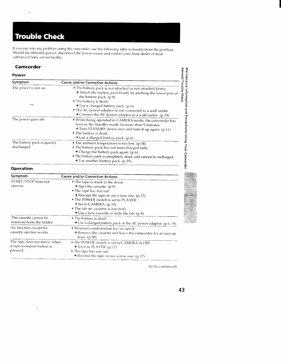 Camcorder, Power, Cause and/or corrective actions | Operation, Symptom, Trouble check | Sony CCD-TR98 User Manual | Page 43 / 54
