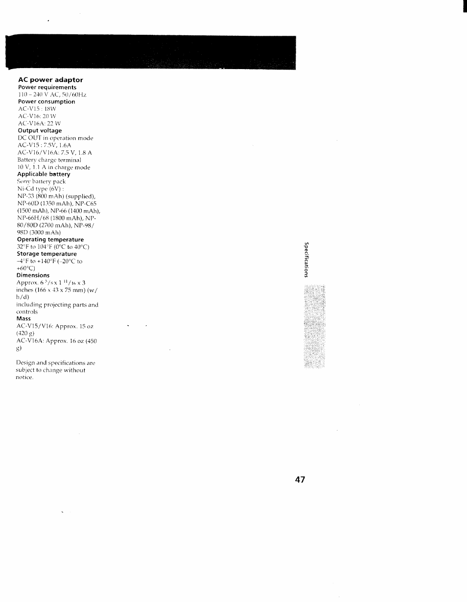 Ac power adaptor | Sony CCD-TR98 User Manual | Page 47 / 54