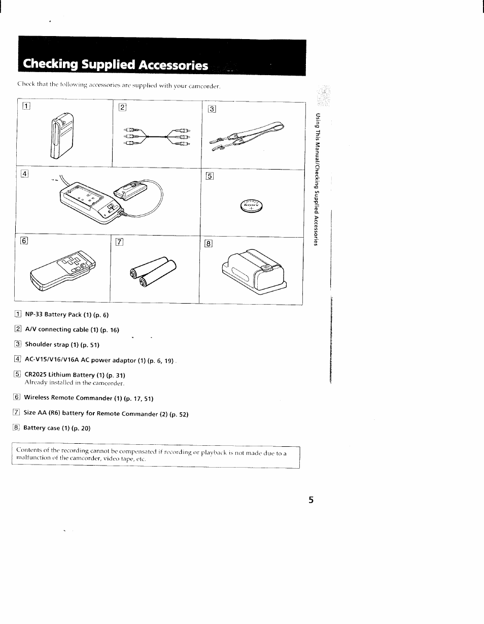Checking supplied accessories | Sony CCD-TR98 User Manual | Page 5 / 54