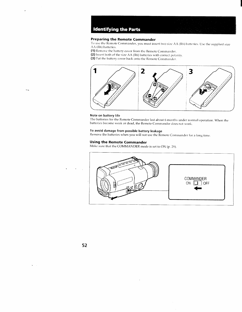 Preparing the remote commander, Note on battery life, To avoid damage from possible battery leakage | Using the remote commander, Identifying the parts | Sony CCD-TR98 User Manual | Page 50 / 54