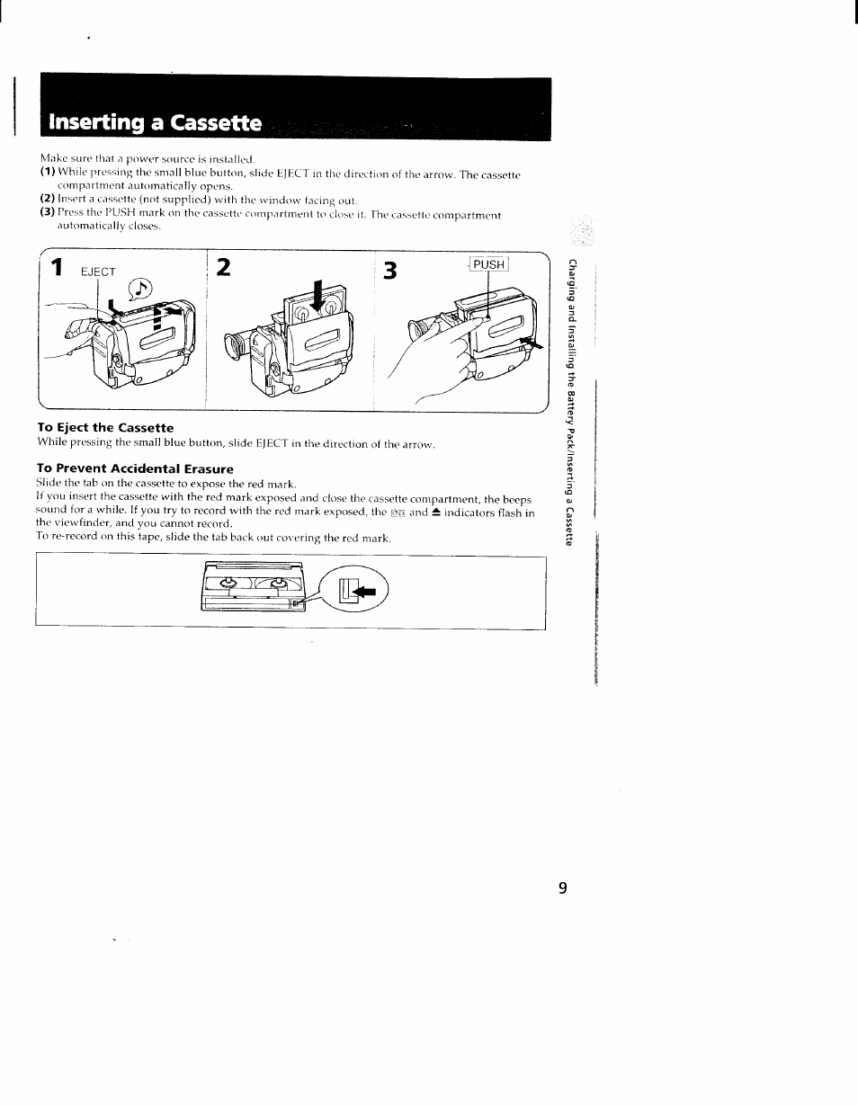 To eject the cassette, To prevent accidental erasure, Inserting a cassette | Sony CCD-TR98 User Manual | Page 9 / 54