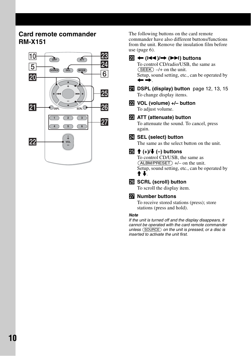 Card remote commander rm-x151, 5wf 6 0 w; wa wd ws wj wg wh | Sony WX-GT77UI User Manual | Page 10 / 52