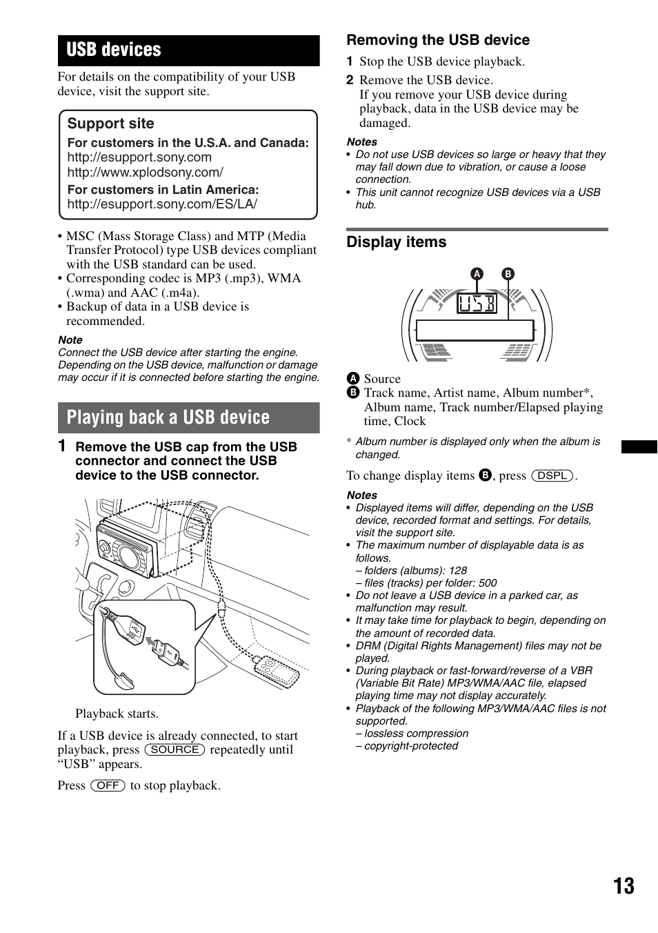 Usb devices, Playing back a usb device, Display items | Sony WX-GT77UI User Manual | Page 13 / 52