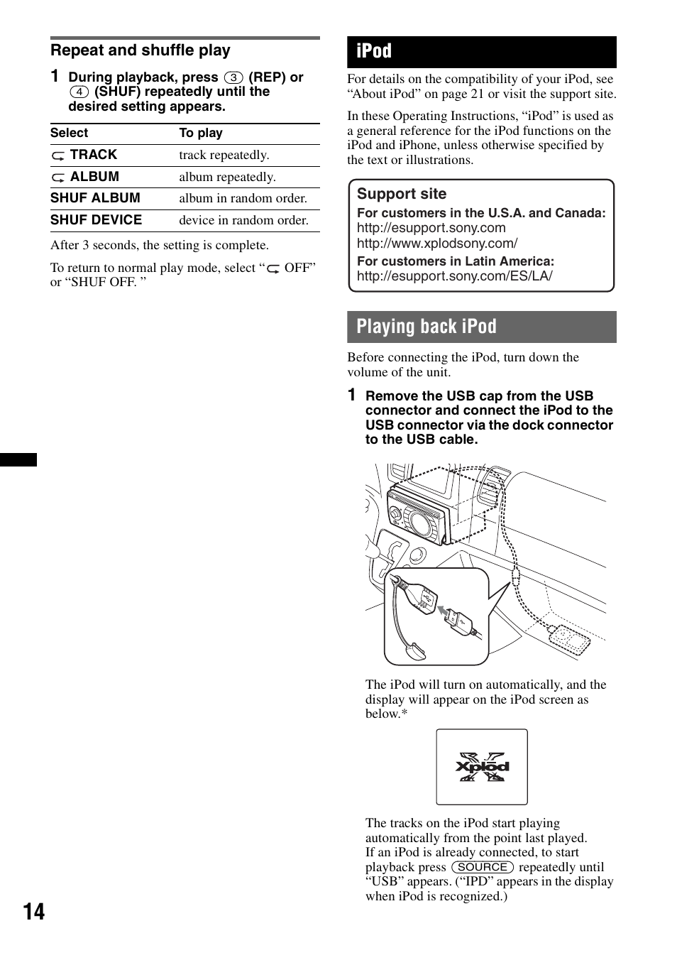 Repeat and shuffle play, Ipod, Playing back ipod | Sony WX-GT77UI User Manual | Page 14 / 52