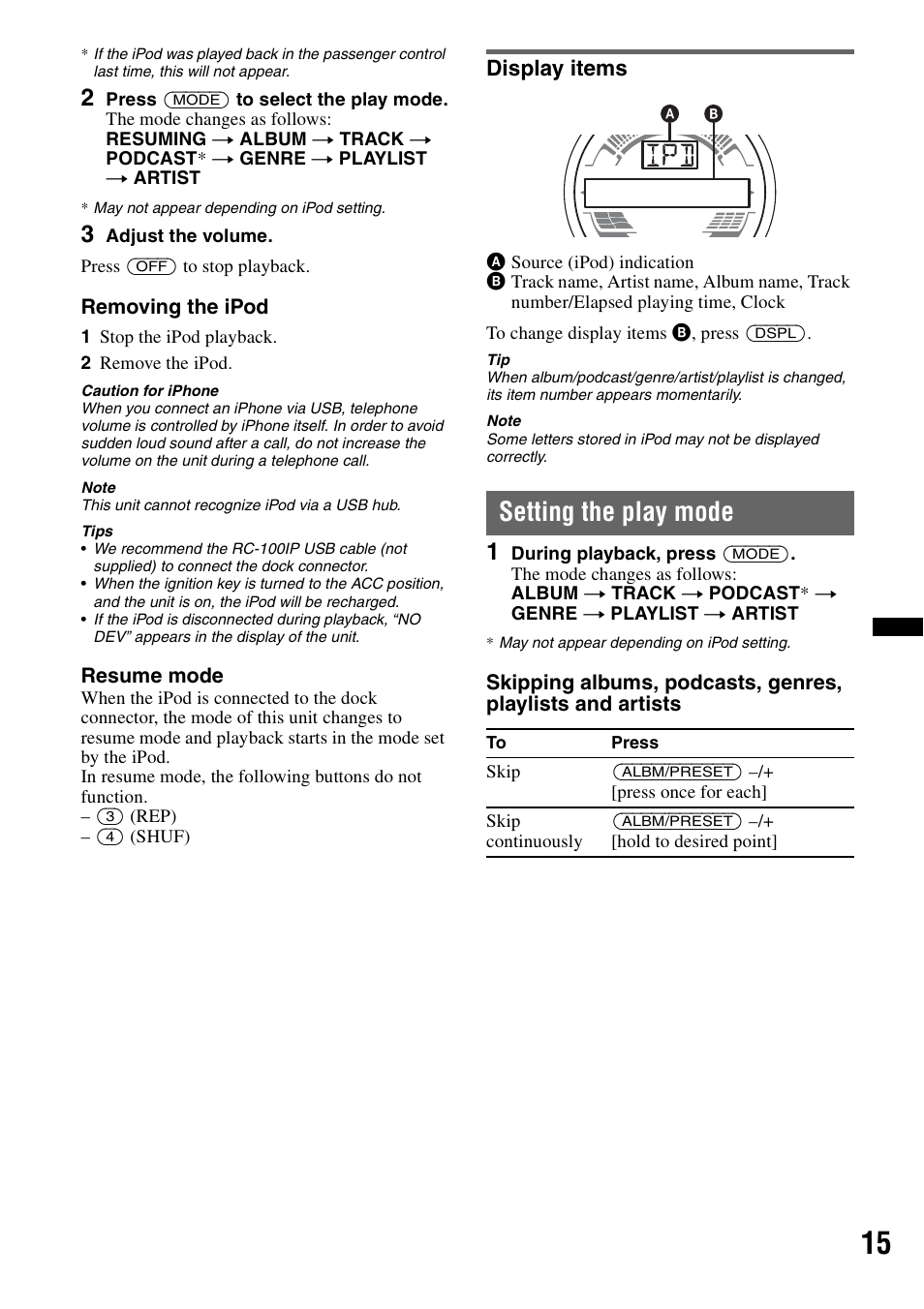 Display items, Setting the play mode | Sony WX-GT77UI User Manual | Page 15 / 52