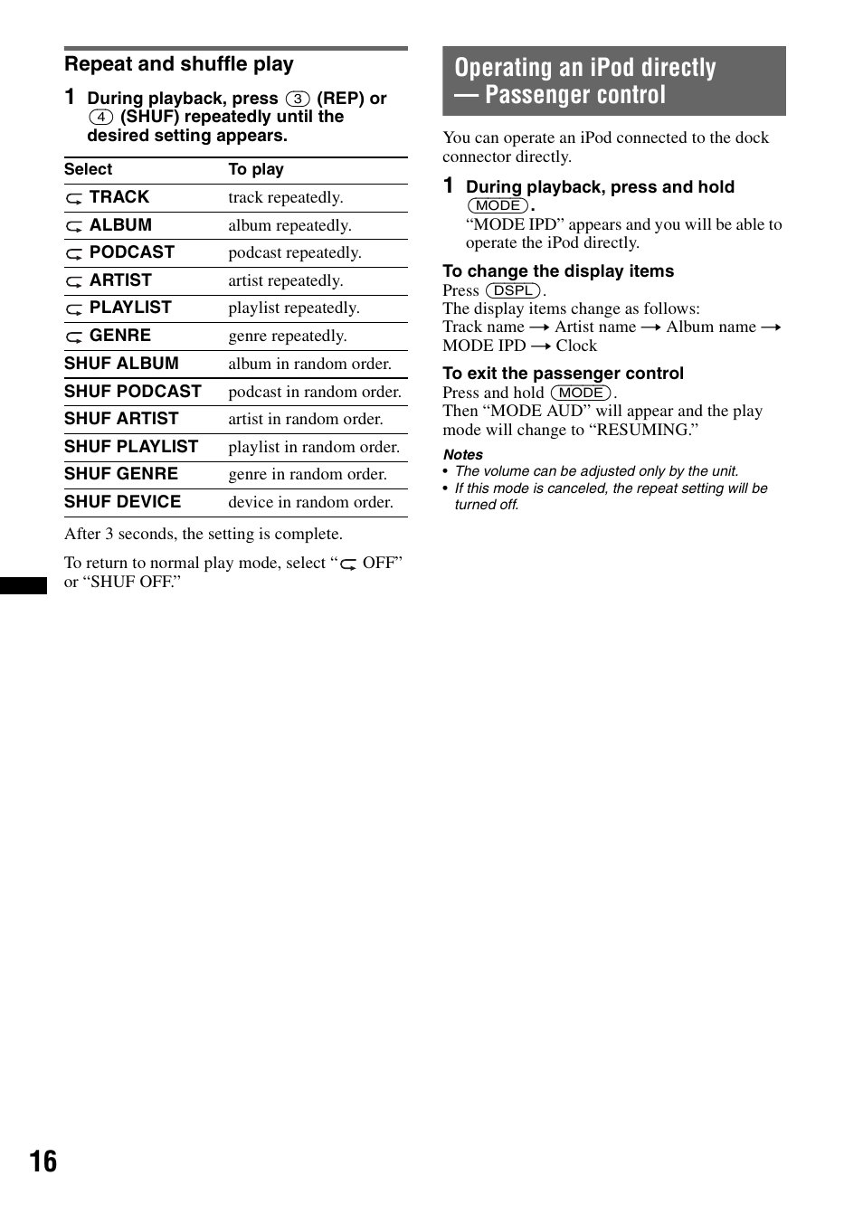 Repeat and shuffle play, Operating an ipod directly - passenger control, Operating an ipod directly — passenger control | Sony WX-GT77UI User Manual | Page 16 / 52