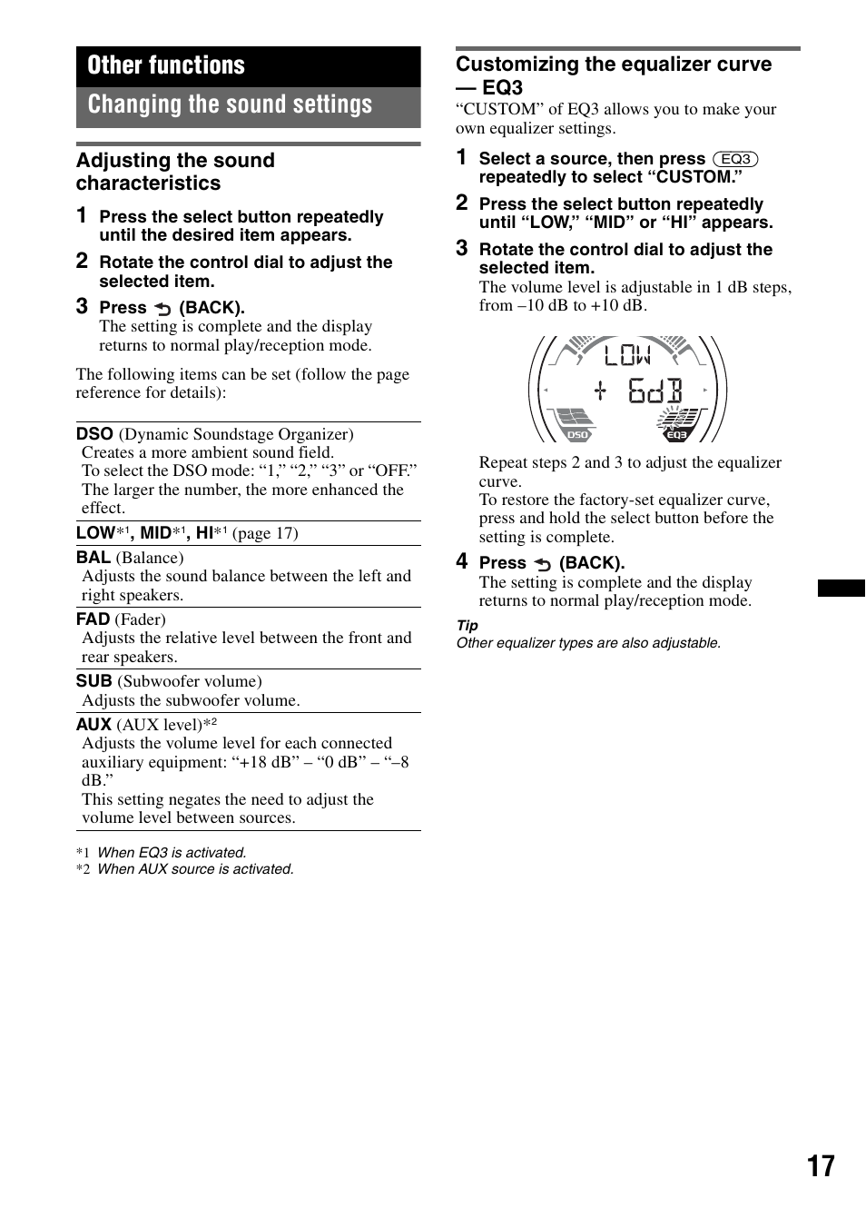 Other functions, Changing the sound settings, Adjusting the sound characteristics | Customizing the equalizer curve - eq3, Other functions changing the sound settings | Sony WX-GT77UI User Manual | Page 17 / 52