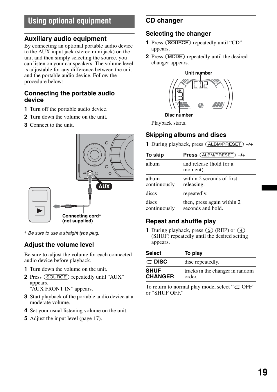Using optional equipment, Auxiliary audio equipment, Cd changer | Auxiliary audio equipment cd changer | Sony WX-GT77UI User Manual | Page 19 / 52