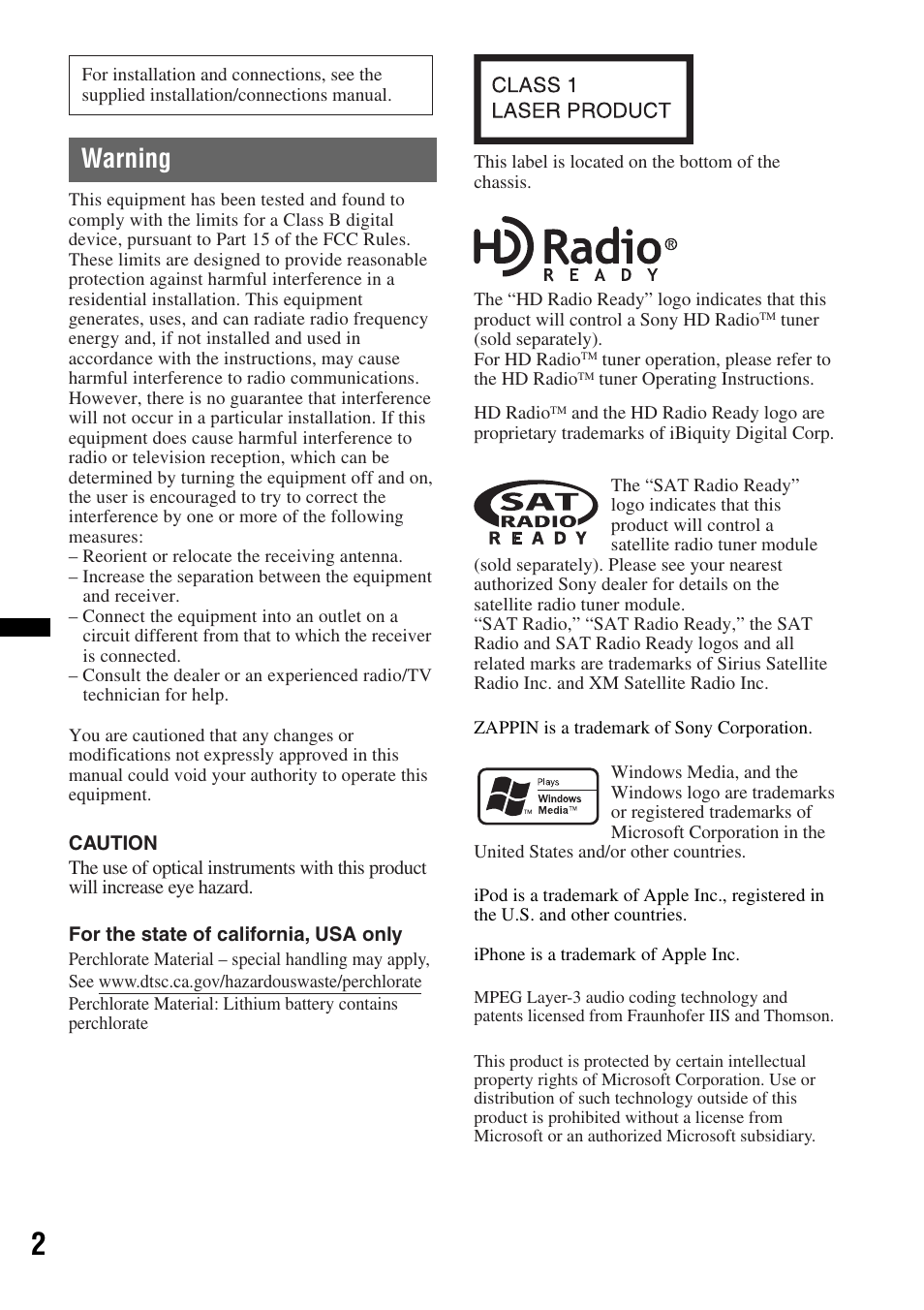Warning | Sony WX-GT77UI User Manual | Page 2 / 52
