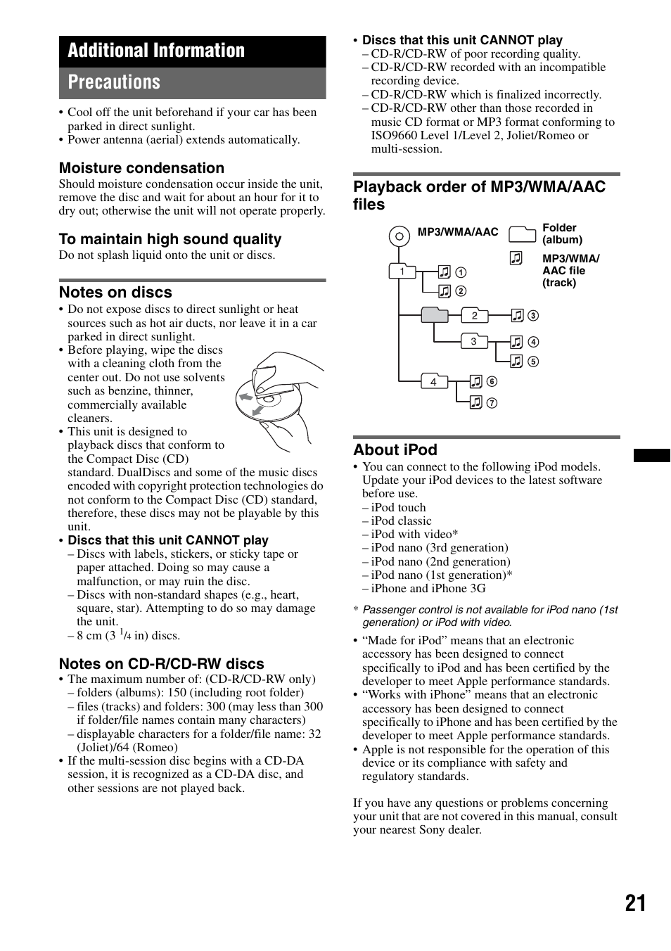 Additional information, Precautions, Notes on discs | Playback order of mp3/wma/aac files, About ipod, Additional information precautions, Playback order of mp3/wma/aac files about ipod | Sony WX-GT77UI User Manual | Page 21 / 52