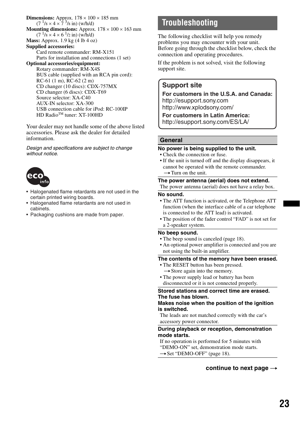 Troubleshooting, Support site | Sony WX-GT77UI User Manual | Page 23 / 52